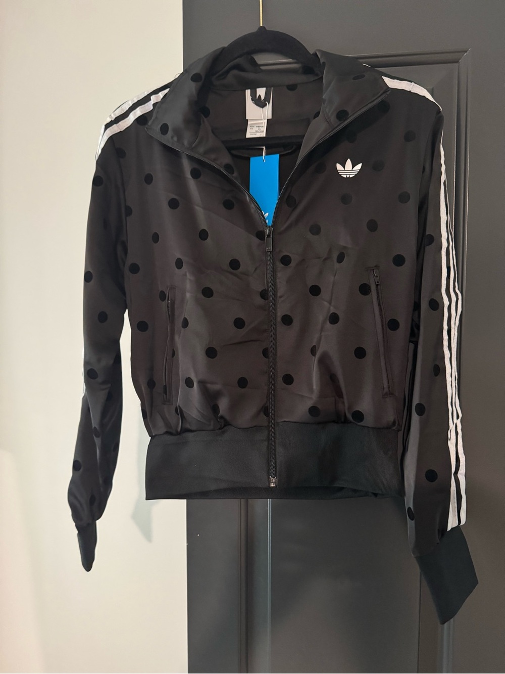 adidas Black Polka Dot Bomber Jacket with White Stripes - Picture 5 of 7
